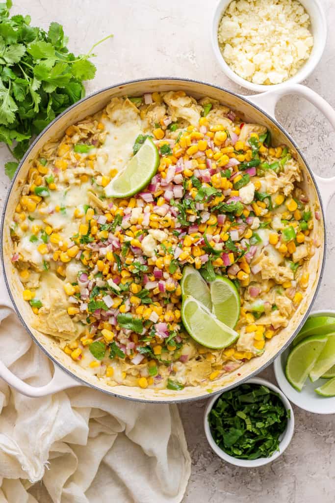 One-Pot Street Corn White Chicken Enchiladas