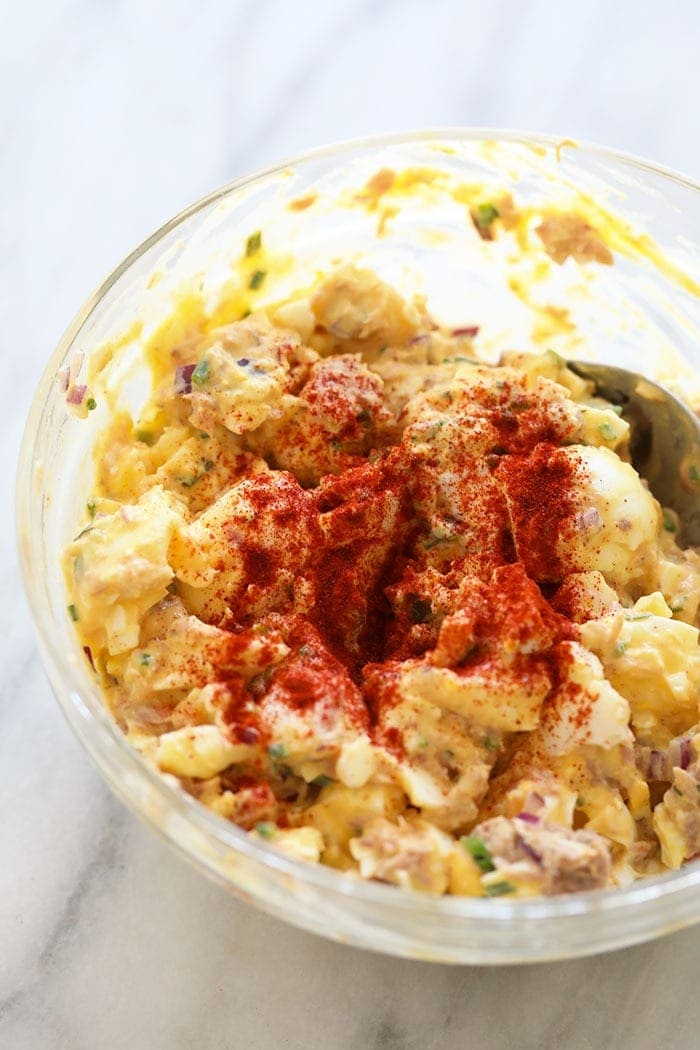 tuna egg salad mixed in a bowl