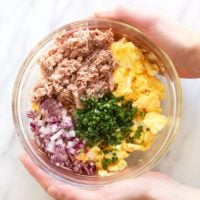 tuna egg salad ingredients in a bowl