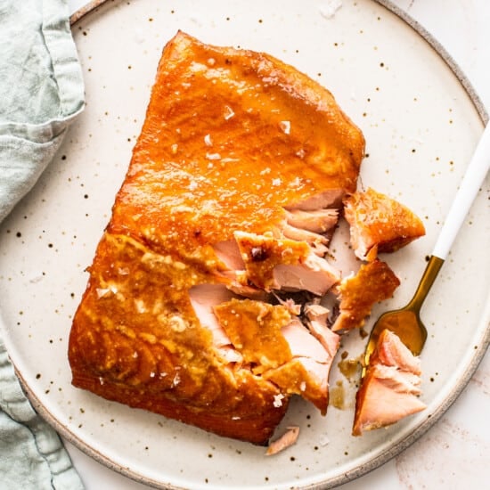 Maple Mustard smoked salmon on a plate.