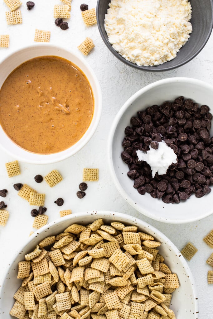 A bowl of cheesy granola and chocolate chips.