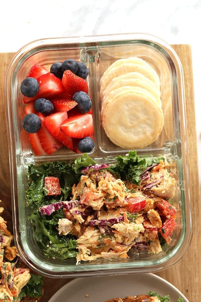 thai peanut chicken salad in a meal prep container