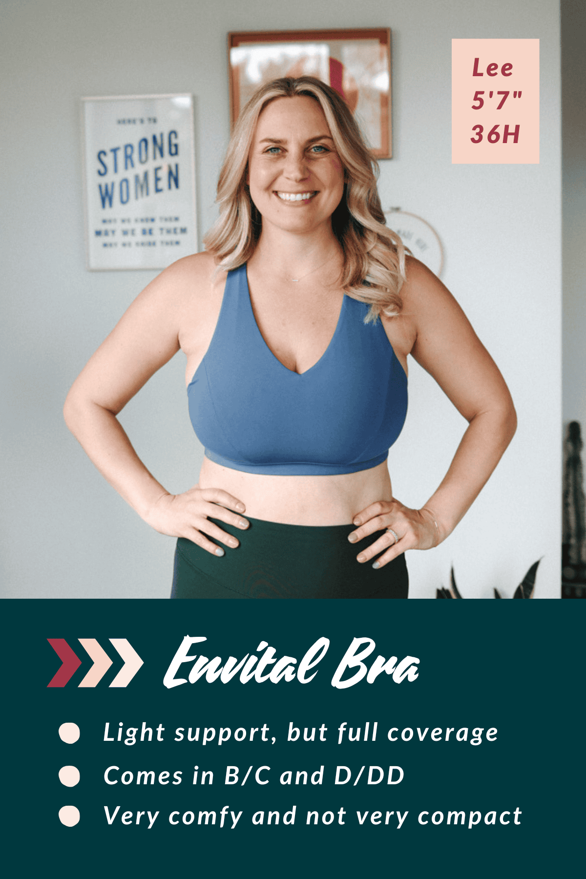 A woman wearing a blue sports bra smiles at the camera. Text on the image includes product details about the "Envital Bra," such as size options and features.