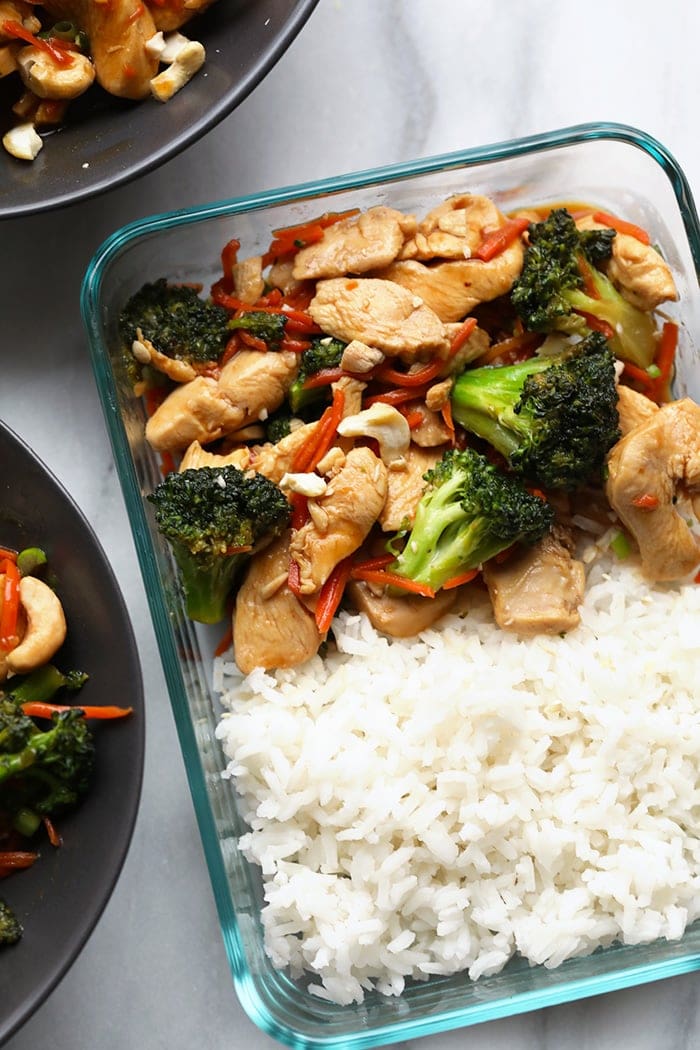 chicken stir fry in meal prep container