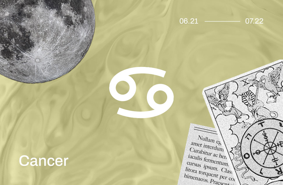 cancer astrology symbol on light green background with images of the moon and tarot cards