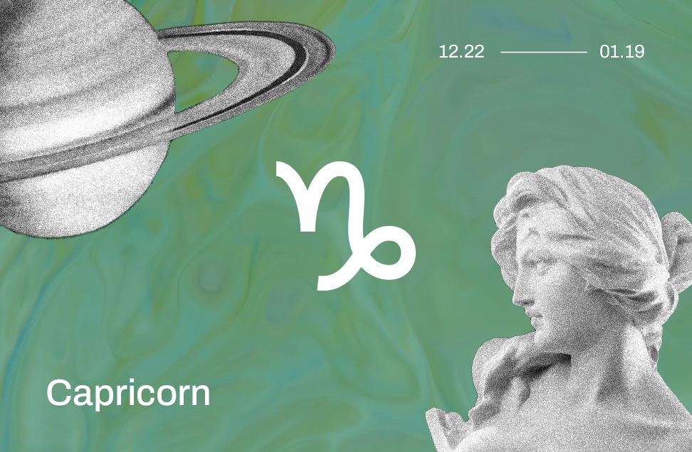 capricorn astrology symbol on green background with images of saturn and a grecian statue