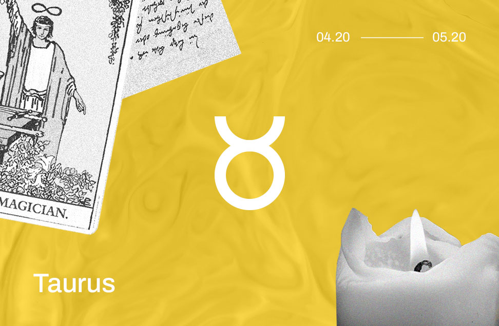 taurus astrology symbol with images of tarot cards and a candle on a yellow background