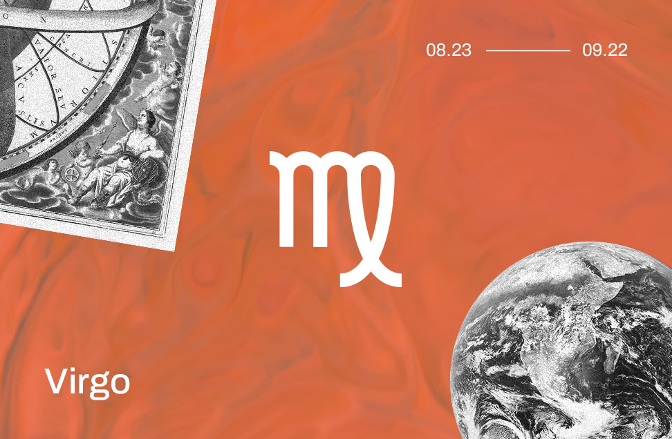 virgo astrology symbol with images of the earth and tarot cards on an orange-colored background