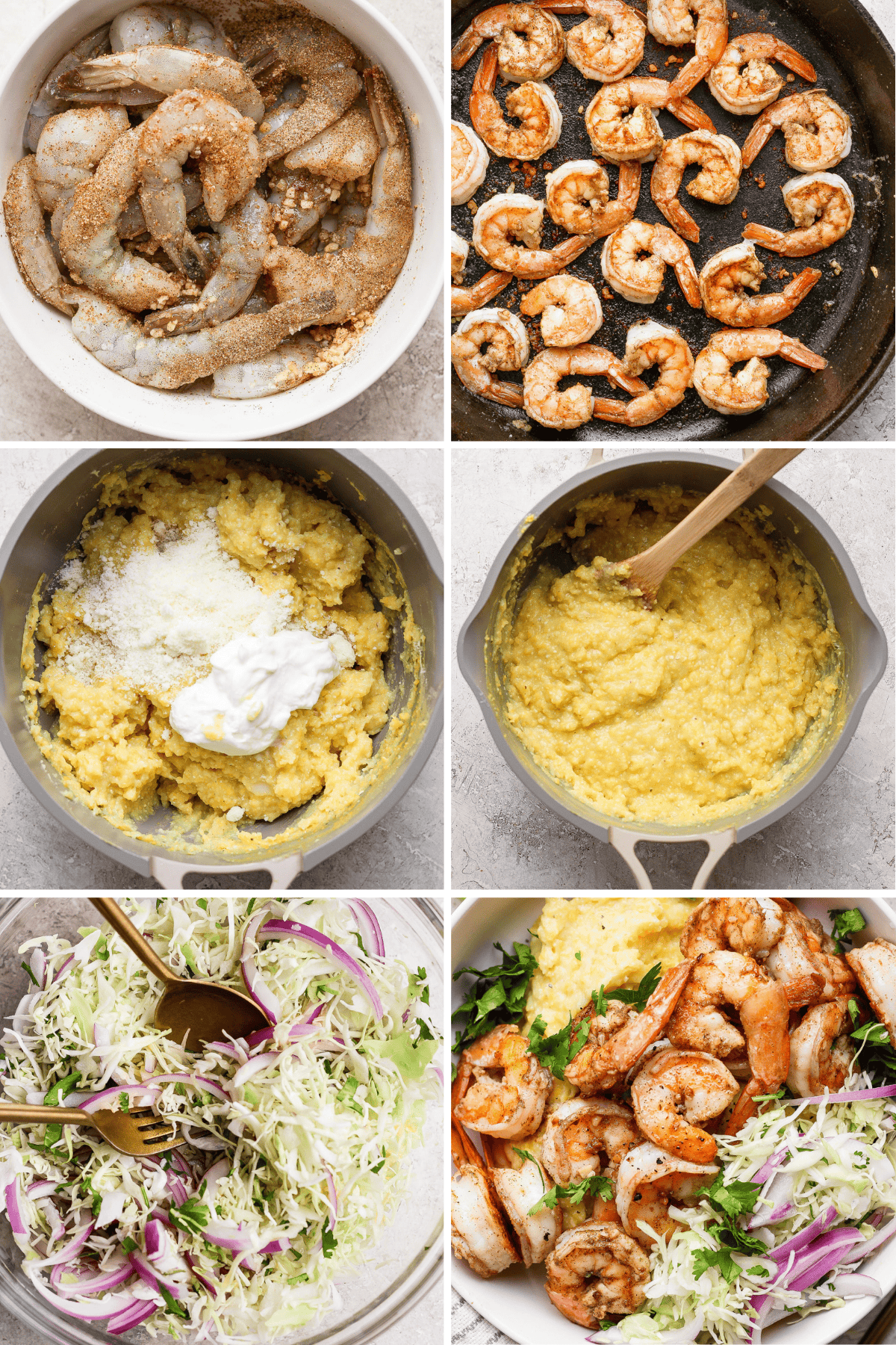 Six images showcasing the creation of Cajun Shrimp and Grits with cabbage salad: raw shrimp, seasoned Cajun cooked shrimp, grits preparation with ingredients, mixed grits, salad ingredients, and a plated dish starring the flavorful shrimp.