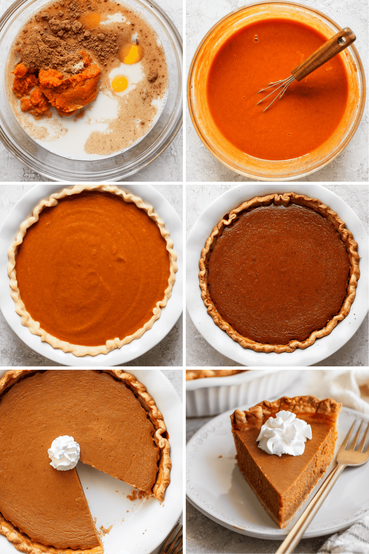 A step-by-step process of making a pumpkin pie, featuring mixture ingredients, batter pouring into crust, baked pie, and a served slice with whipped cream on top.