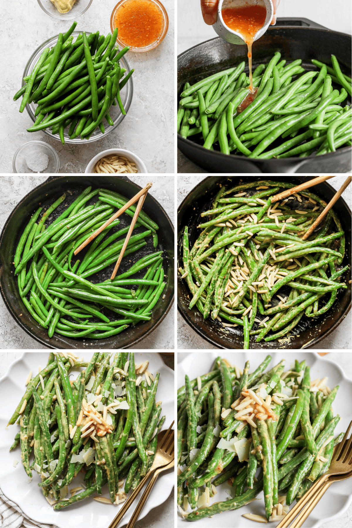 A six-step cooking process showing green beans being prepared with a sauce, tossed in a pan, garnished with slivers, and served on a plate.