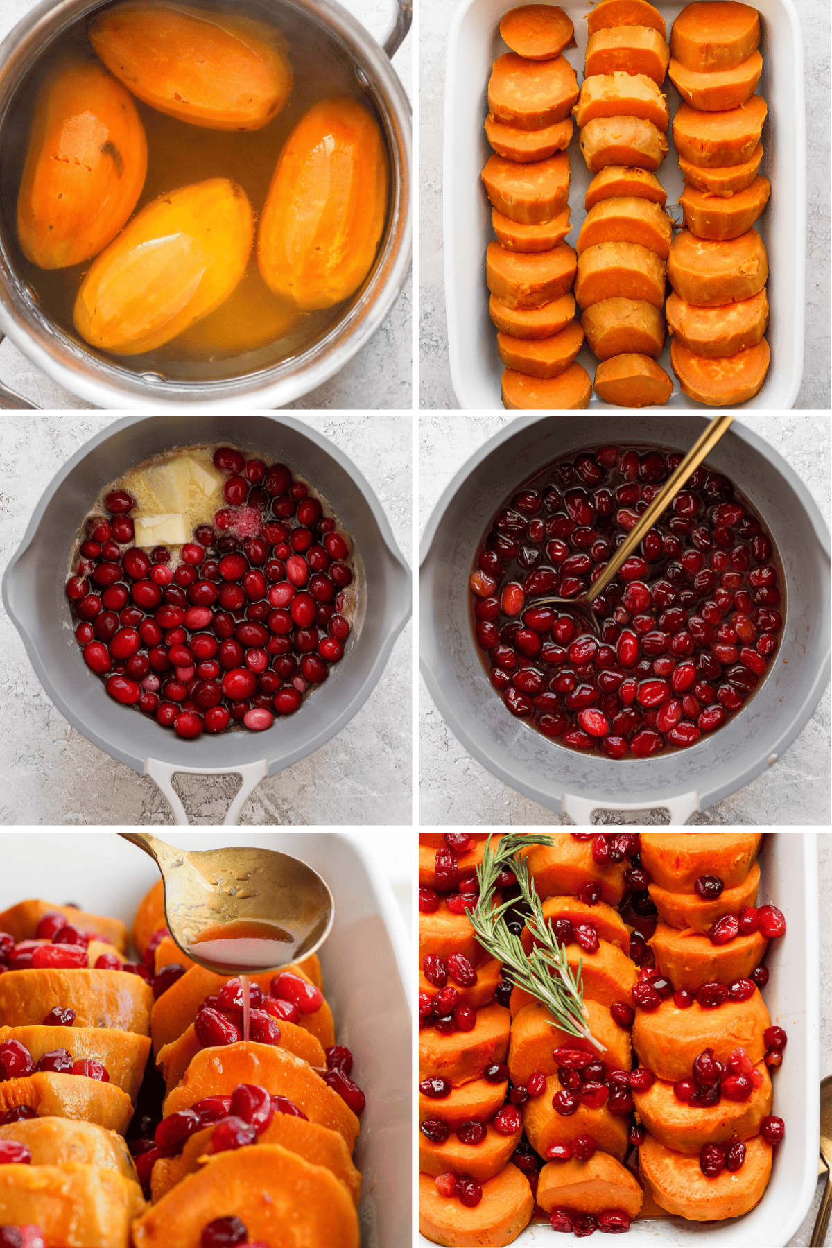 Boiling sweet potatoes, sliced in a dish, mixing cranberries in sauce, spooning sauce over potatoes, and garnished with rosemary.