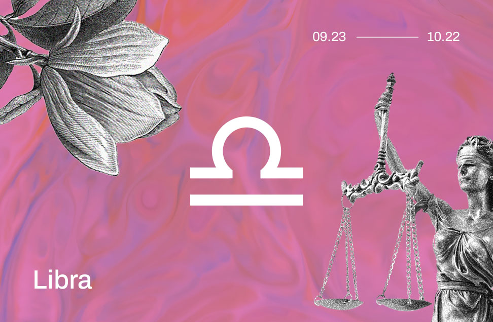 libra astrology symbol with black and white images of flowers and the lady of justice on pink background