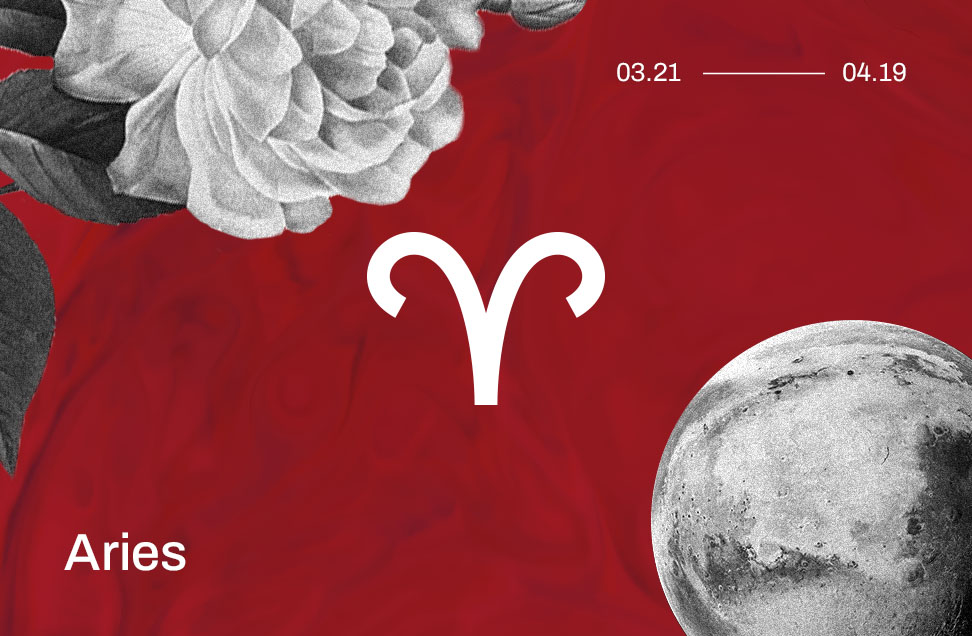 aries astrology symbol with graphics of rose and moon on red background