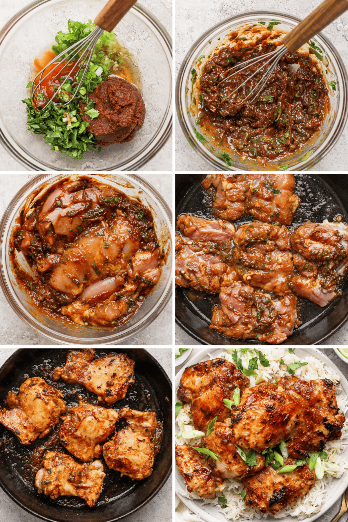 Step-by-step images showing marinating chicken in a spiced sauce, grilling, and serving on rice.