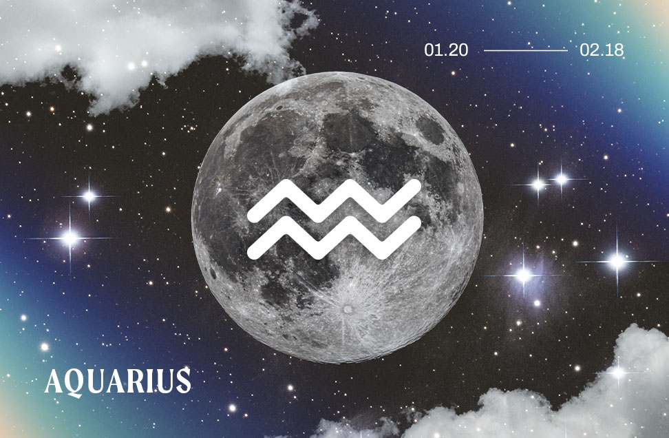 graphic of the aquarius astrology symbol on blue background with the full moon, clouds, and stars