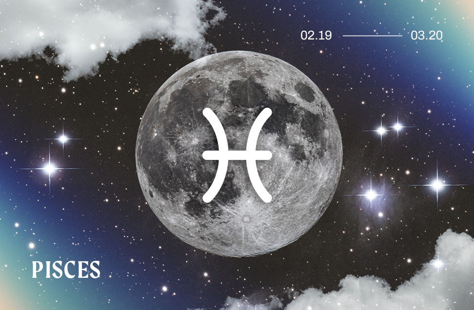 graphic of the pisces astrology symbol on blue background with the full moon, clouds, and stars