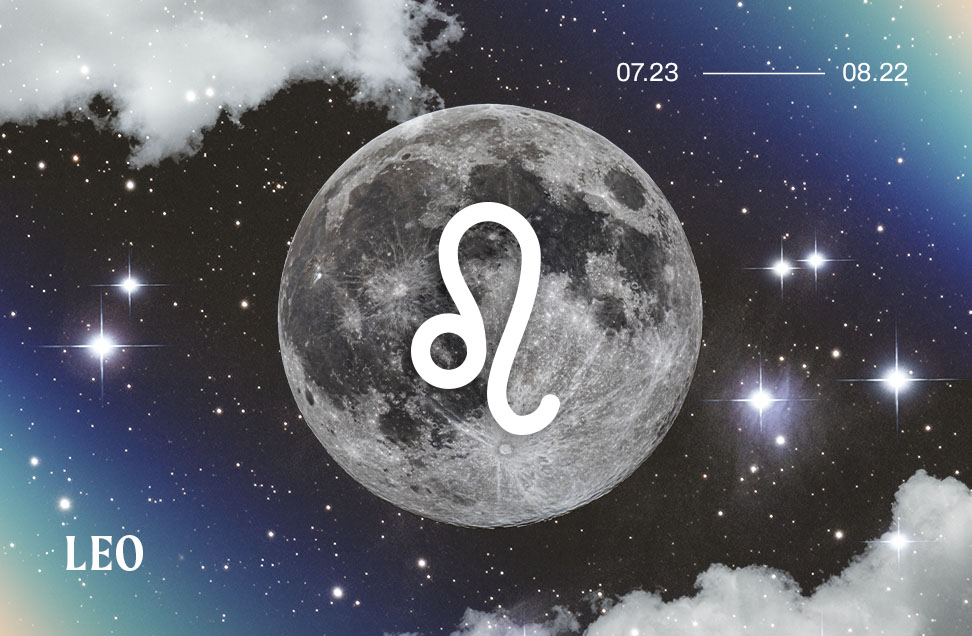 leo astrology symbol on blue graphic background with the full moon, stars, and clouds