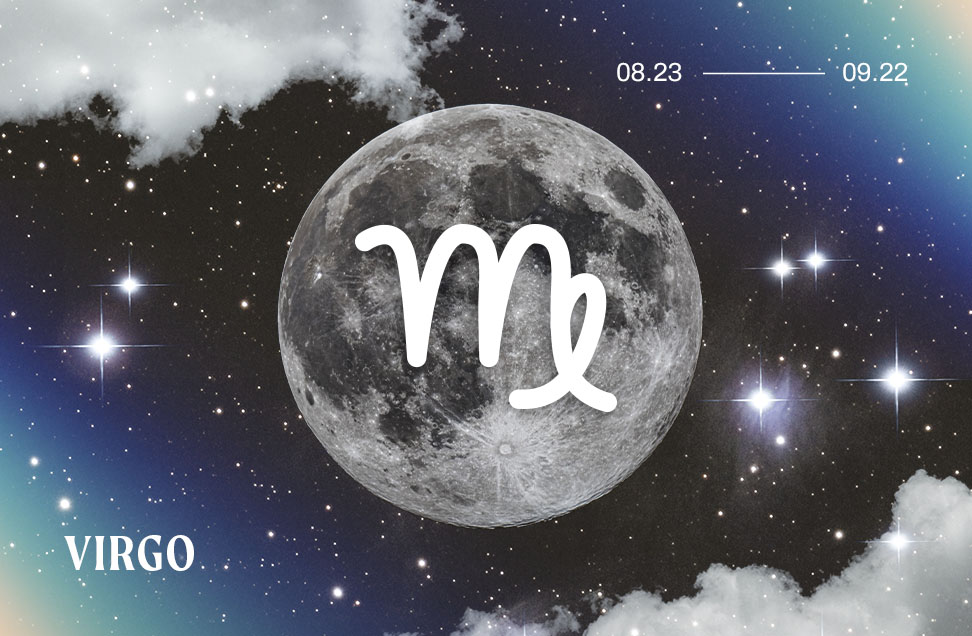 virgo astrology symbol on blue graphic background with the full moon, stars, and clouds