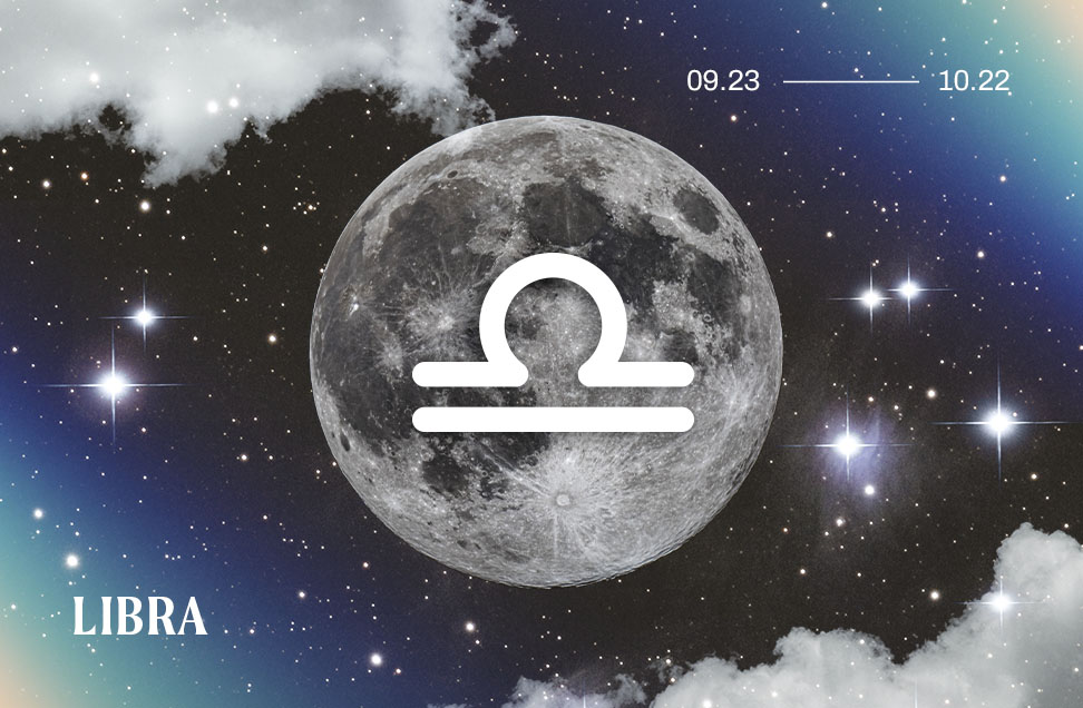 libra astrology symbol on a blue graphic background with the full moon, stars, and clouds