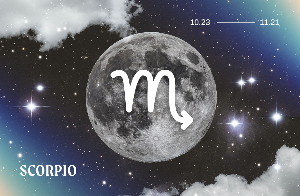 graphic of the scorpio astrology symbol on blue background with the full moon, clouds, and stars