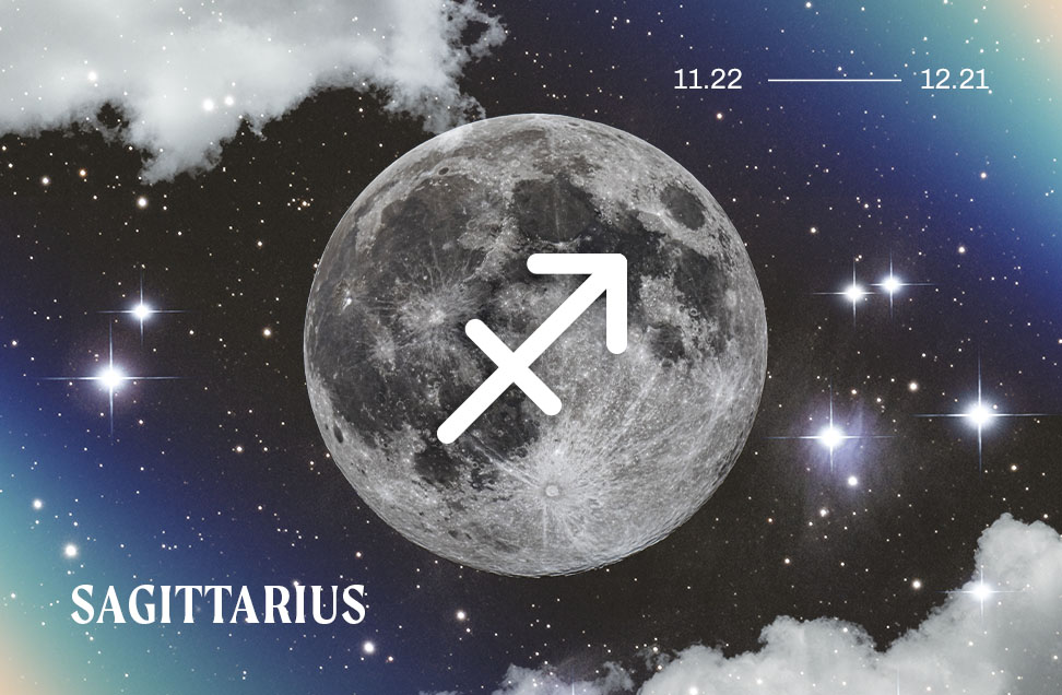 graphic of the sagittarius astrology symbol on blue background with the full moon, clouds, and stars