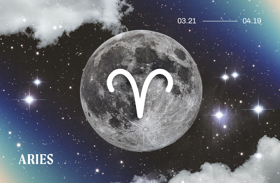 aries zodiac sign symbol on graphic background with the moon and clouds