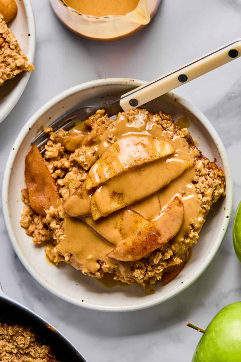 Baked Apple Oatmeal with Peanut Butter Caramel Sauce