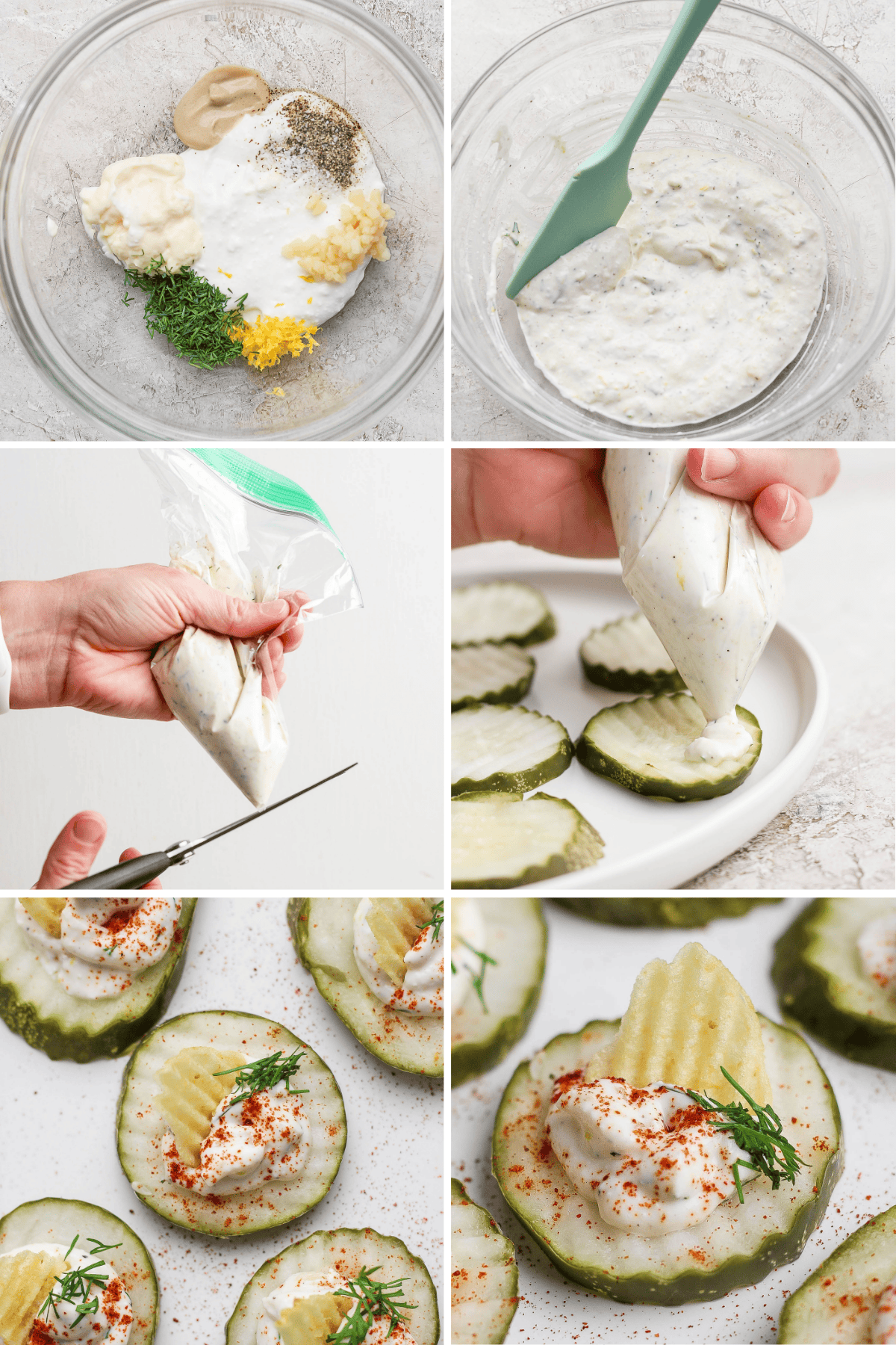 Ingredients in a bowl; mixture in process; filling a piping bag; piping onto pickle slices; garnished slices on a plate.