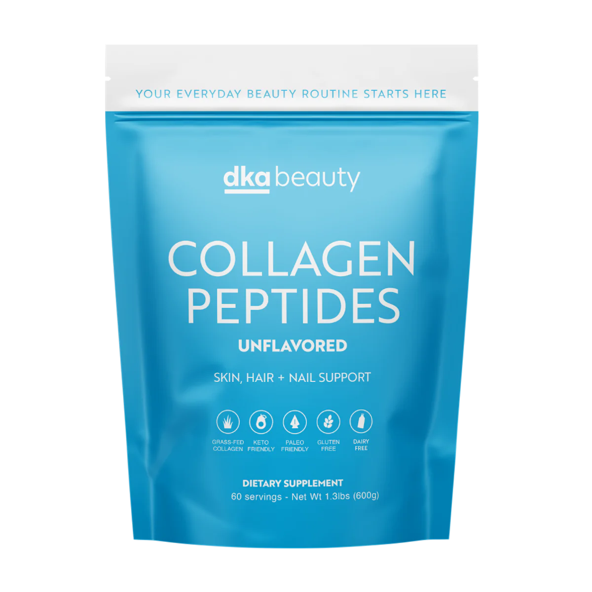The image shows a blue pouch of DKA Beauty Collagen Peptides, labeled as unflavored. The packaging highlights the product's benefits for skin, hair, and nail support. It also mentions that the collagen is grass-fed and the product is keto-friendly, paleo-friendly, gluten-free, and dairy-free. The pouch contains 60 servings, with a net weight of 600g. The text "Your Everyday Beauty Routine Starts Here" is also displayed at the top.