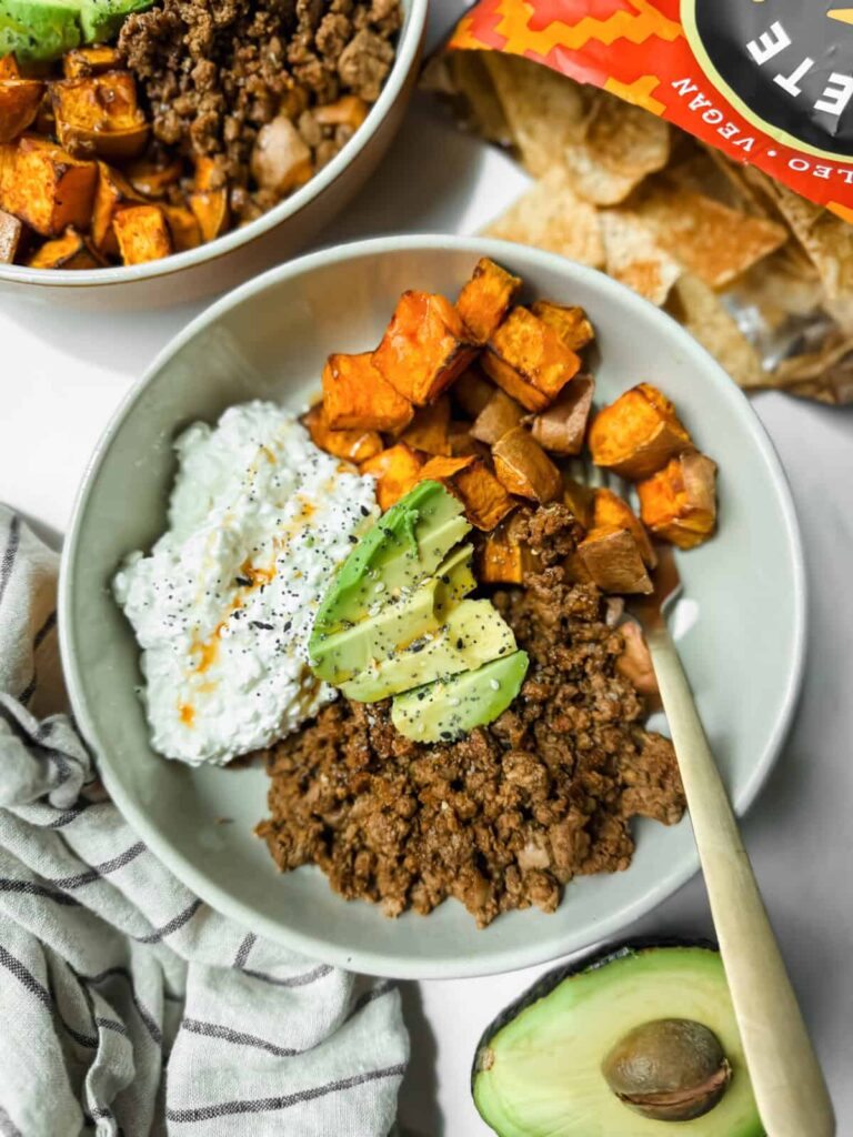 Viral Sweet Potato Hot Honey Ground Beef Bowls with Cottage Cheese