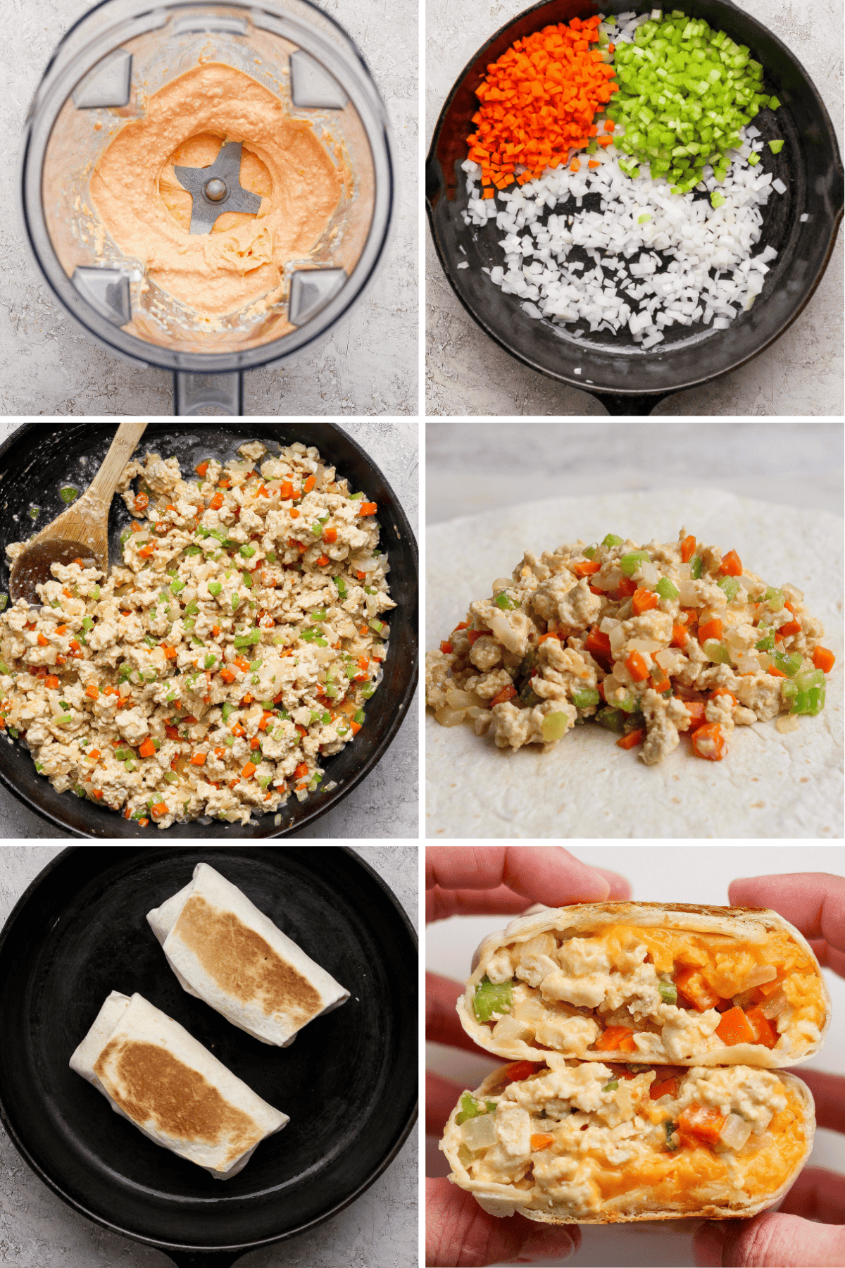 Six-step collage showing the process of making breakfast burritos: blending sauce, sautéing vegetables, cooking scramble, assembling burrito, toasting, and a hand holding a cut burrito.