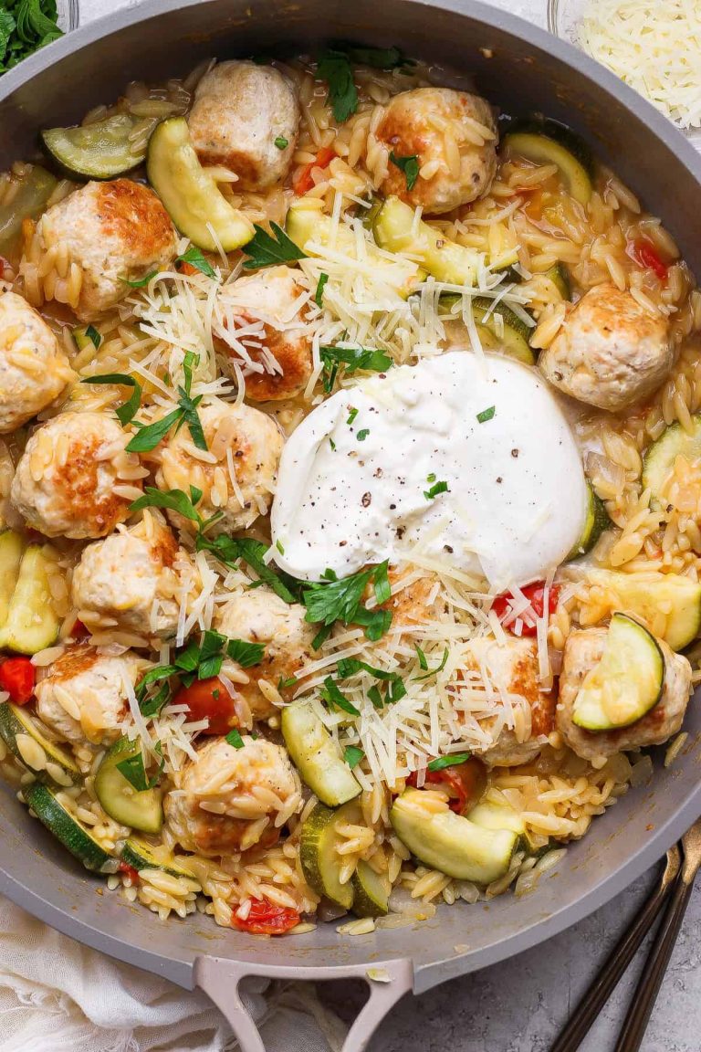 Summer Squash Orzo Skillet with Chicken Meatballs