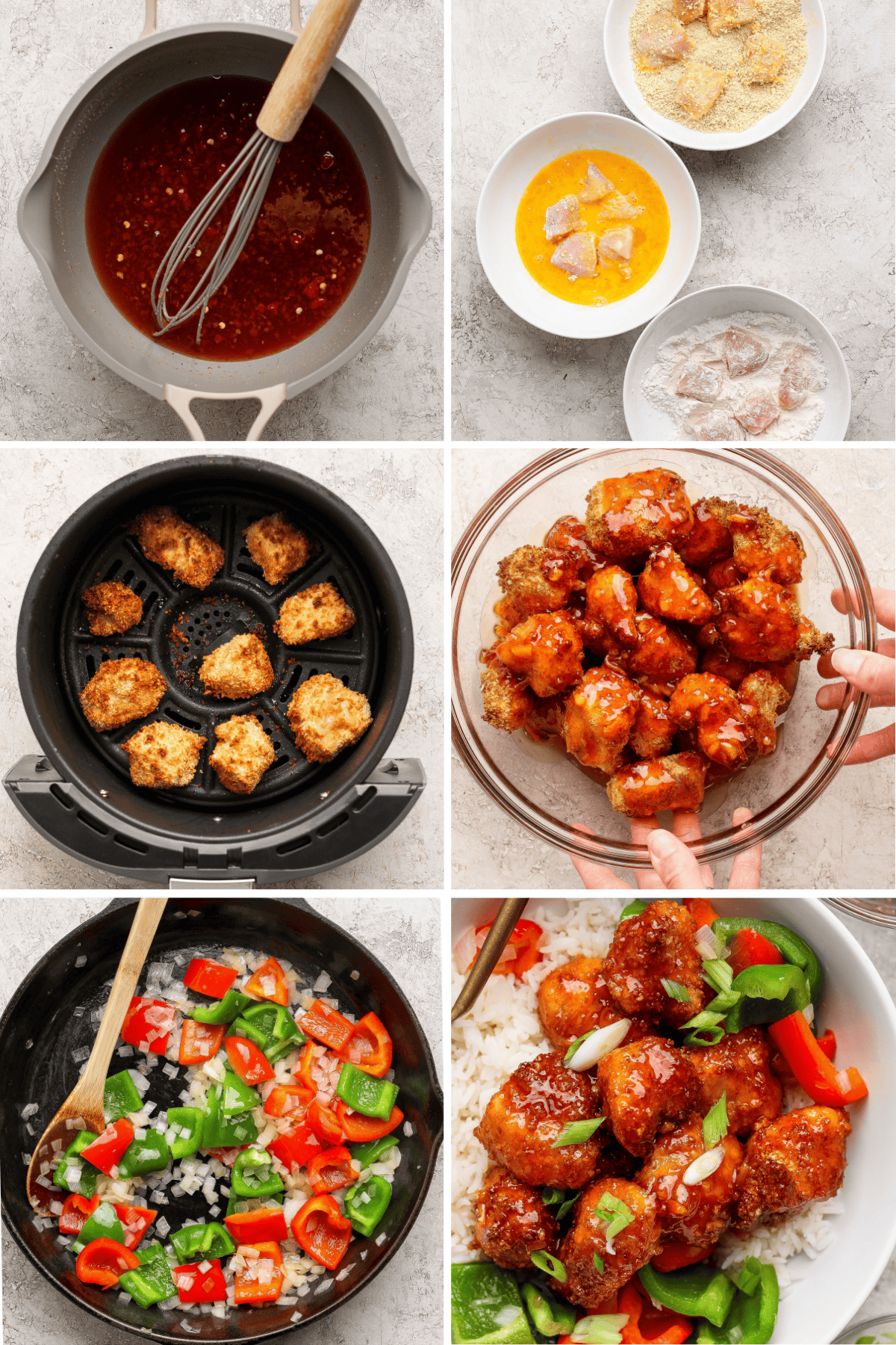 Six-step collage showing breading chicken, air frying, coating with sauce, sautéing bell peppers, and serving the finished dish with vegetables over rice.