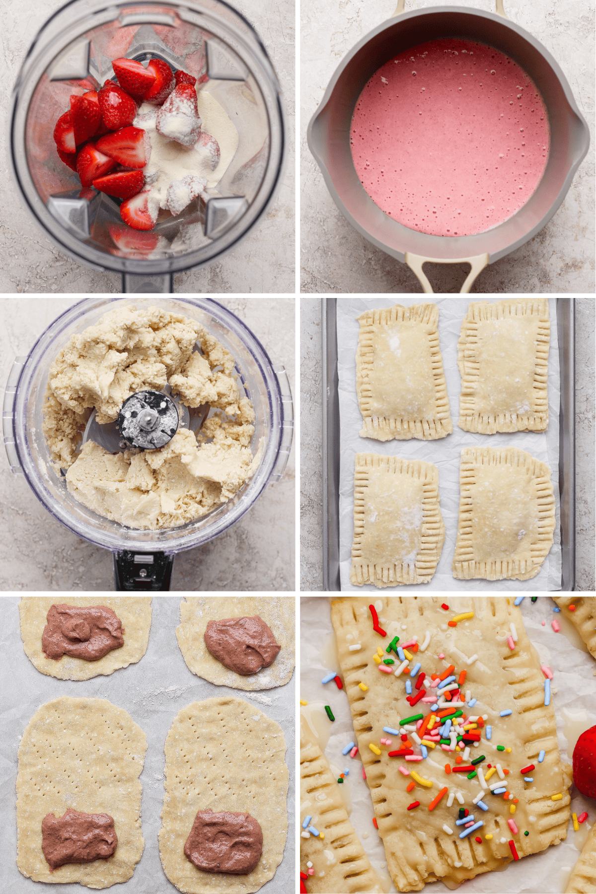 A step-by-step collage shows making strawberry pop tarts: blending filling, mixing dough, shaping and filling pastries, sealing edges, baking, and topping with icing and sprinkles.