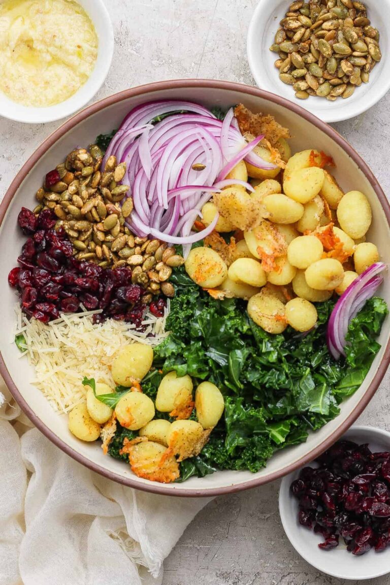 Roasted Gnocchi Kale Salad with Garlic Parmesan Dressing