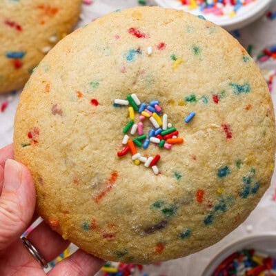 A hand holds a large round sugar cookie with colorful sprinkles mixed in and a small cluster of sprinkles on top.
