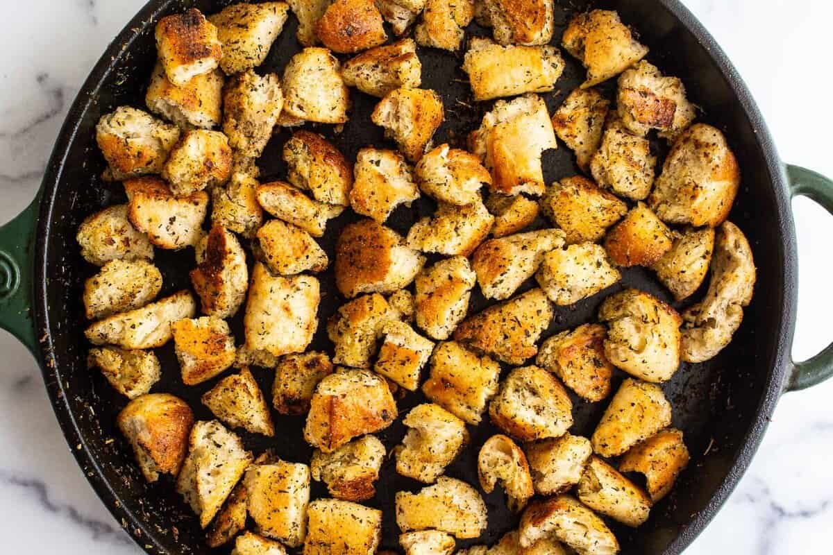 croutons in cast iron skillet.