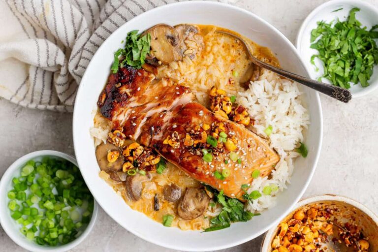 Chili Crunch Salmon with Creamy Coconut Brothy Rice