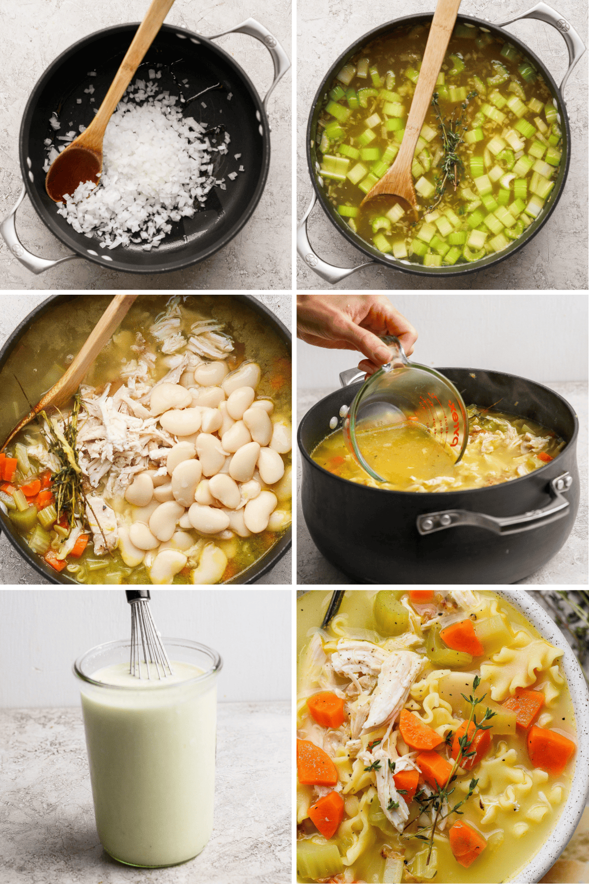 A step-by-step collage shows the process of making chicken noodle soup, including saut&eacute;ing onions, adding vegetables and chicken, stirring in broth, and the finished soup served in a bowl.