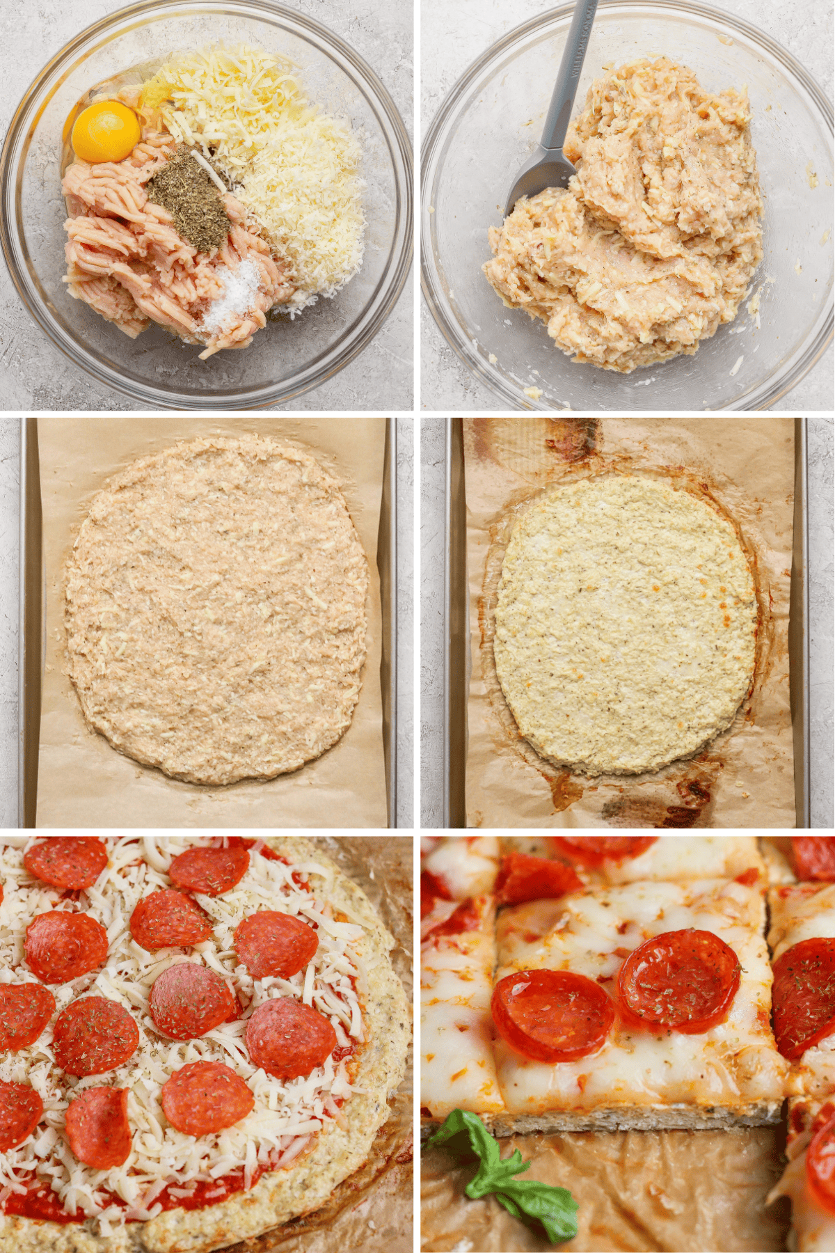 Step-by-step images show the preparation of a cauliflower or chicken crust pizza: mixing ingredients, shaping the crust, baking, adding toppings, and slicing the finished pizza.