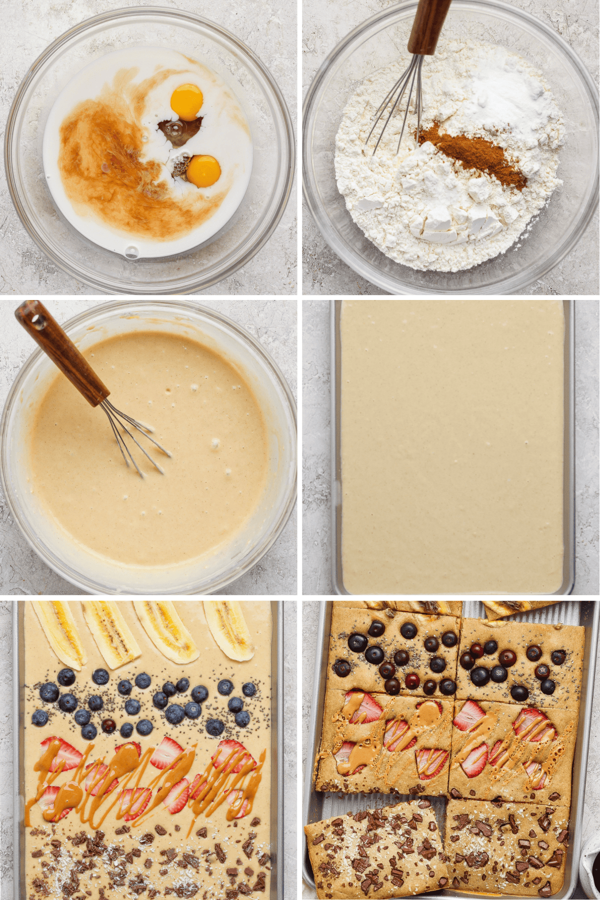 A step-by-step photo collage showing ingredients being mixed into batter, poured onto a baking sheet, topped with fruit and chocolate, then sliced into bars.