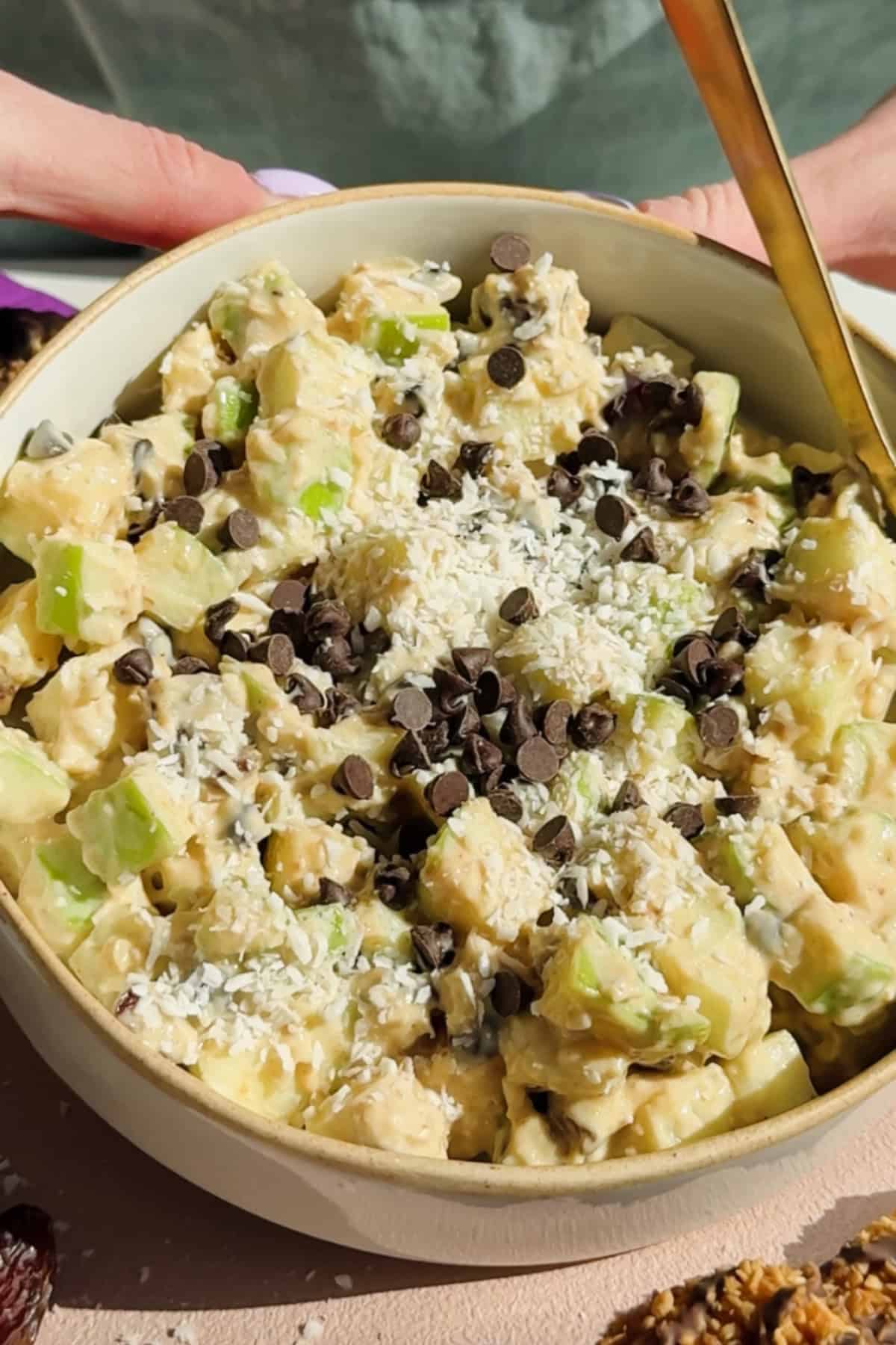 A bowl of apple salad topped with shredded coconut and chocolate chips, with a spoon in the bowl and hands holding the edges.