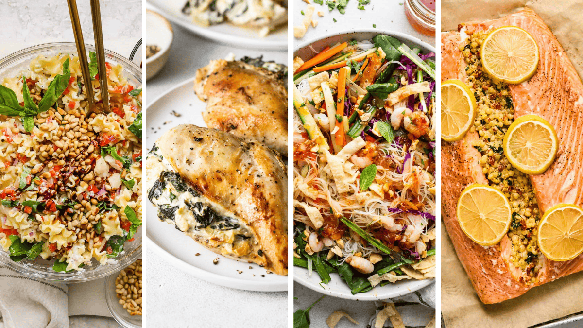 Four food dishes: a pasta salad with pine nuts, stuffed chicken breasts, a noodle salad with vegetables, and a baked salmon fillet topped with lemon slices and a crumb mixture.