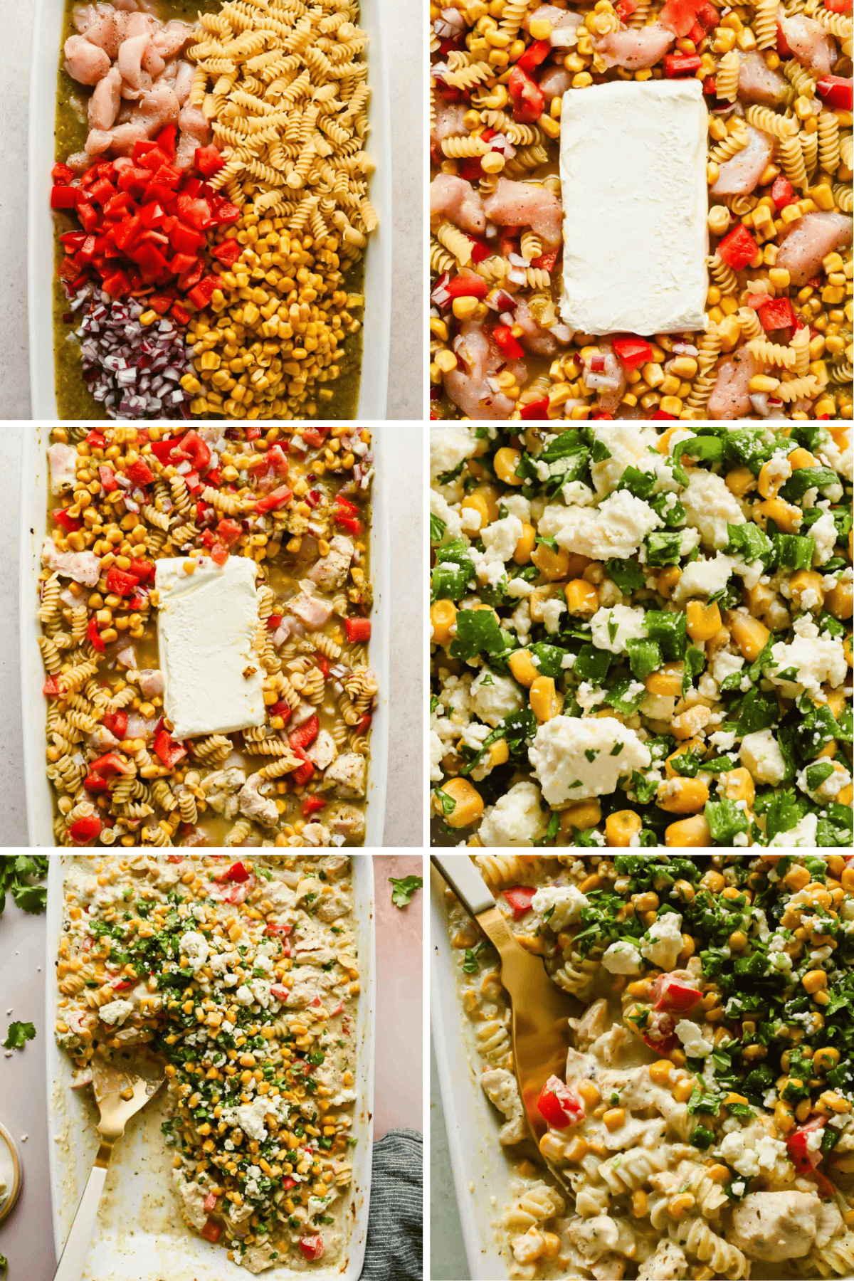 Six-panel collage showing the step-by-step process of making a baked pasta dish with chicken, vegetables, corn, pasta, and a block of cheese, mixed and baked together in a casserole dish.