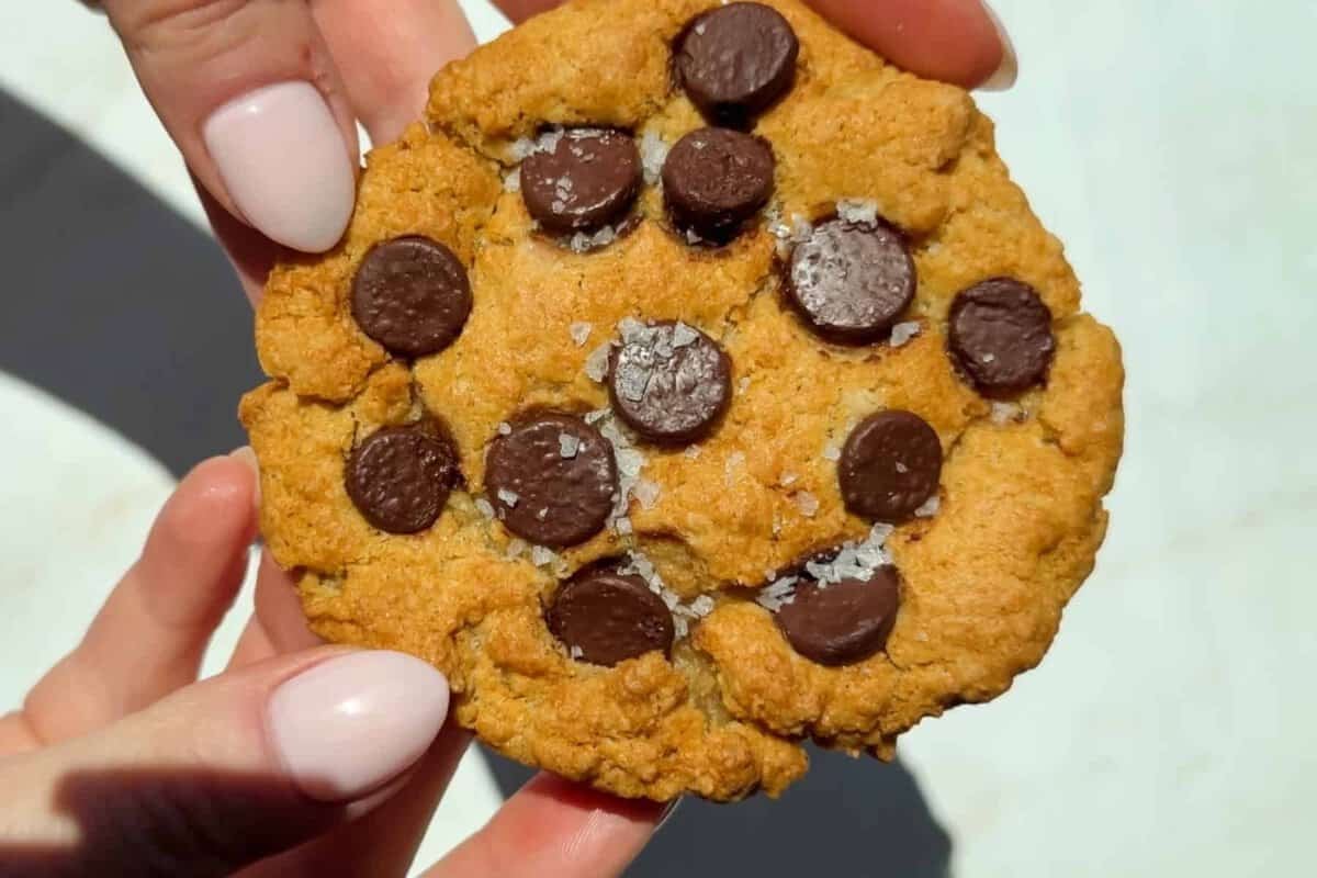 A close-up of hands holding a chocolate chip cookie with visible sea salt flakes on top.
