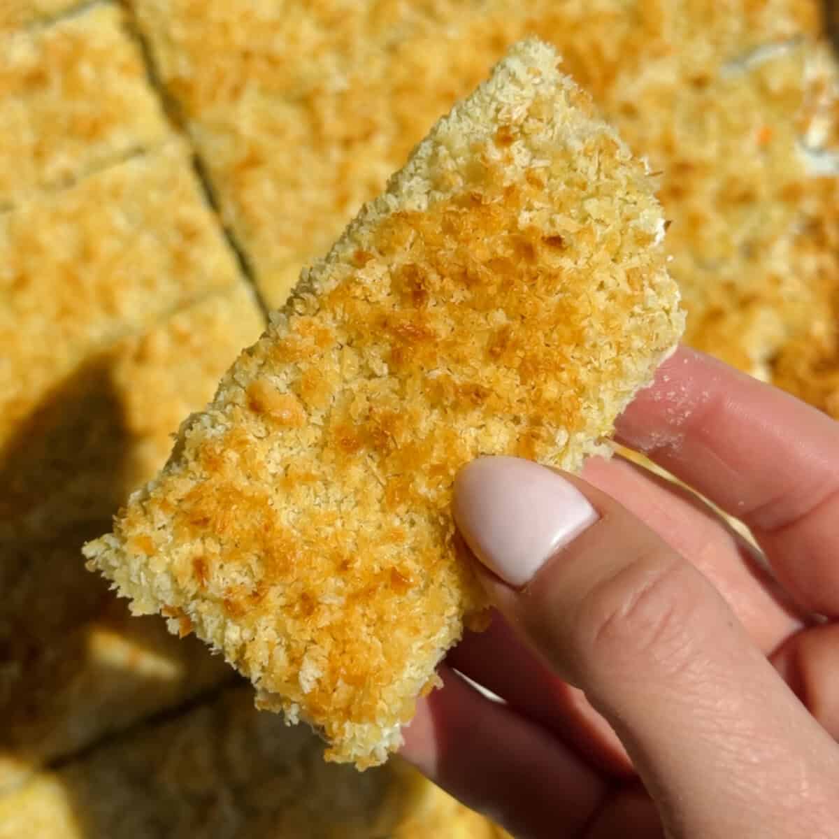 Holding a golden brown chicken protein bar with crispy panko and parmesan crust