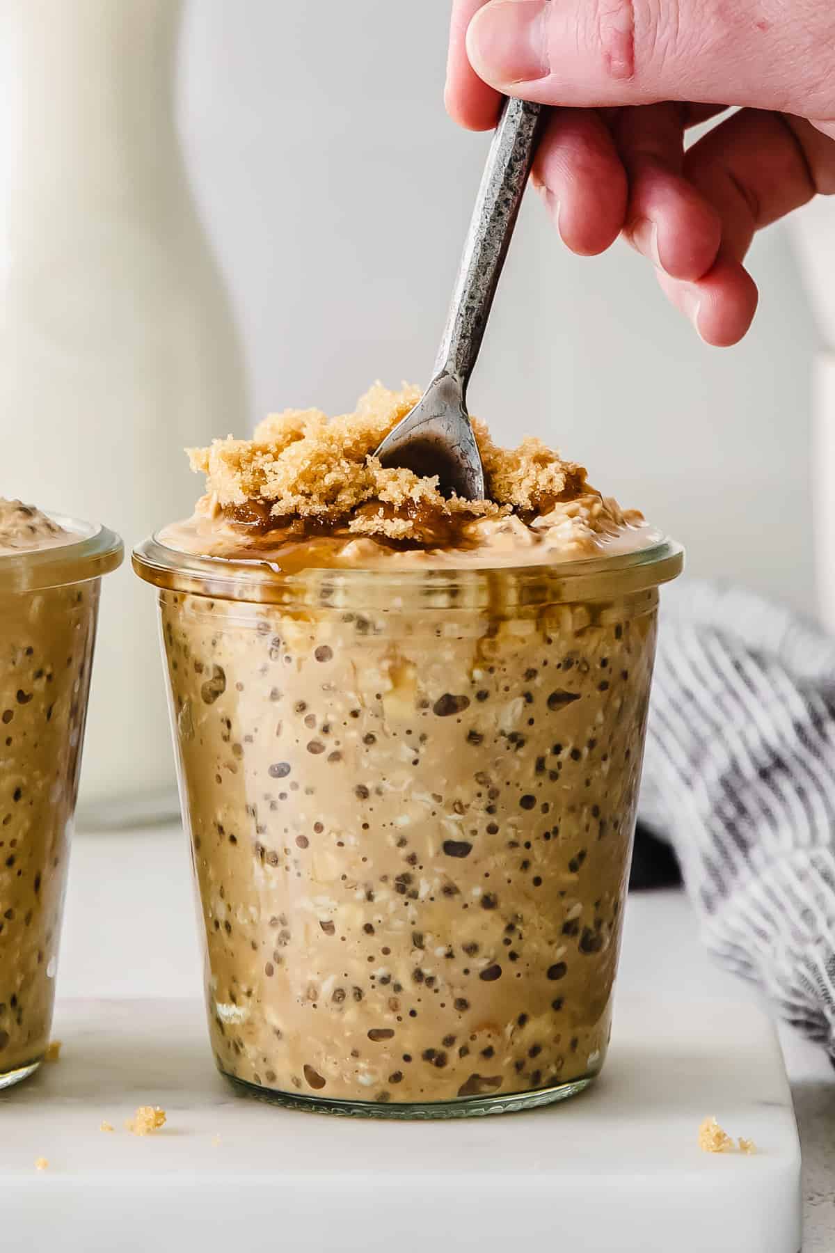 brown sugar shaken espresso overnight oats in a jar ready to eat as a grab-and-go breakfast