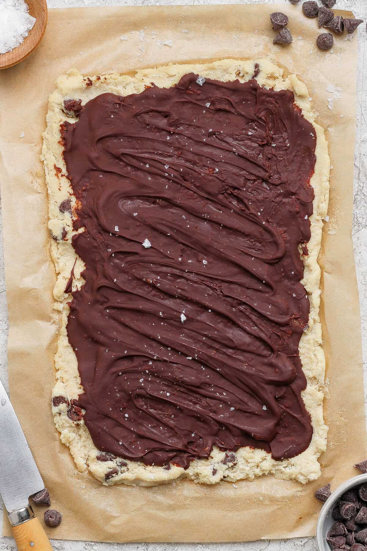 whole slab of cottage cheese cookie dough bark topped with chocolate and sea salt
