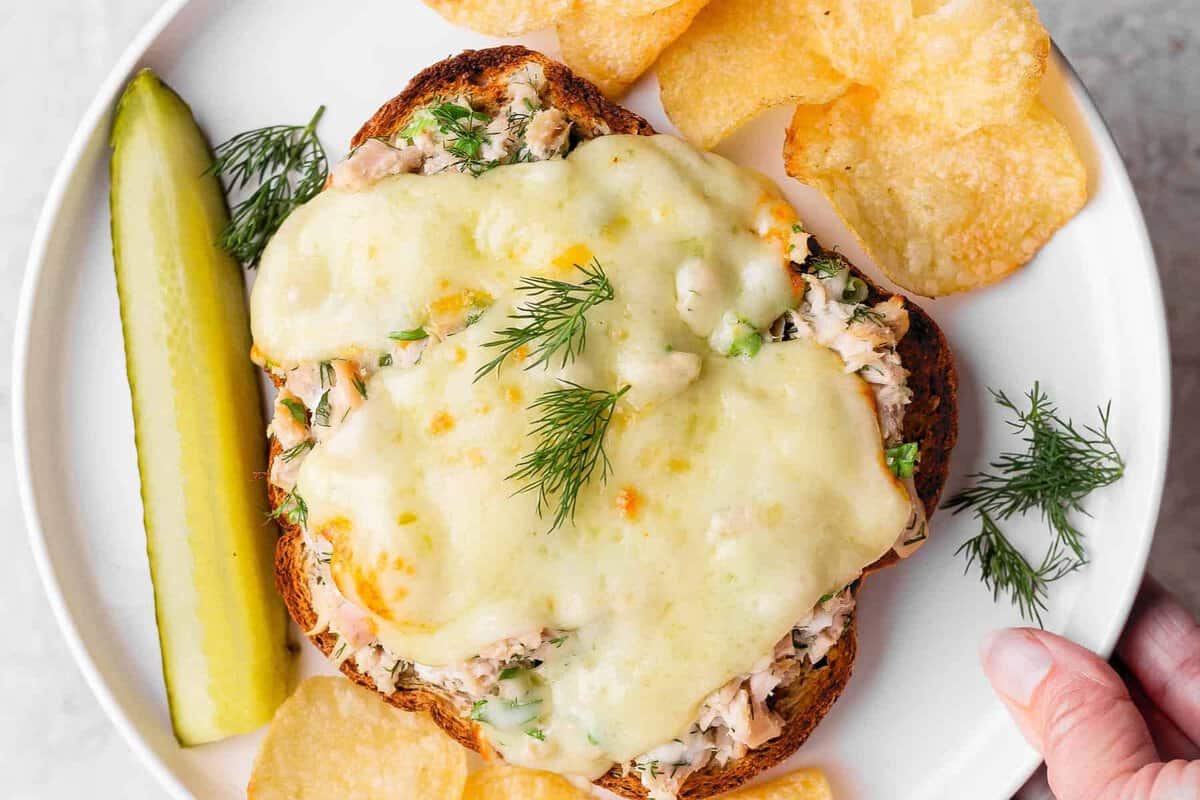 healthy tuna melt with cottage cheese served with chips and pickle